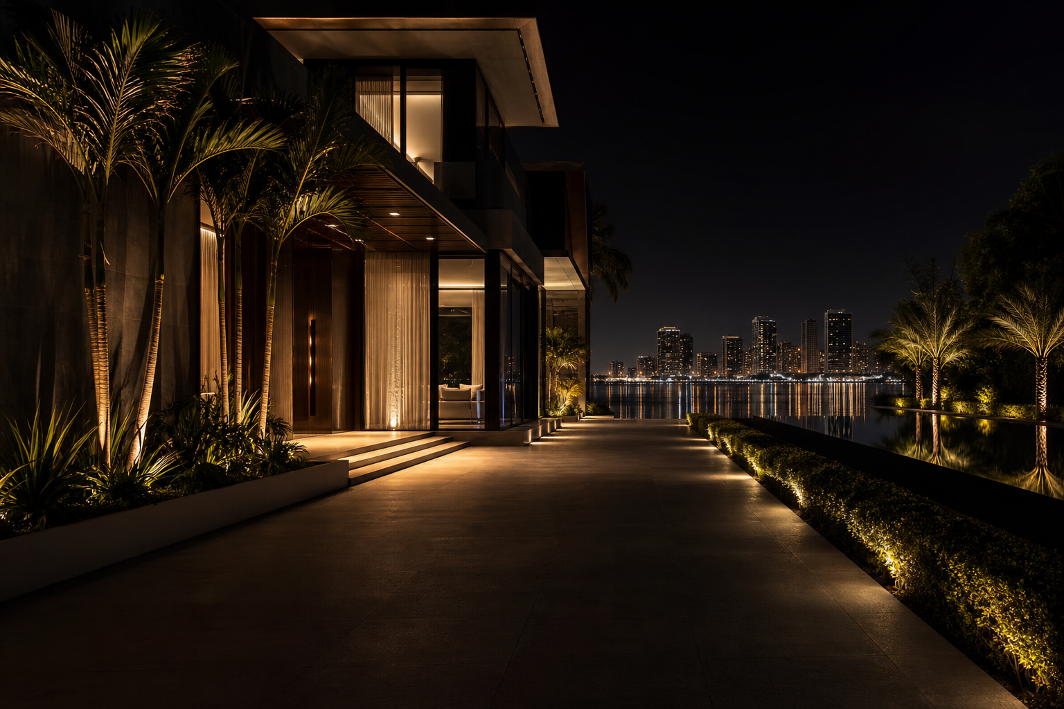 Modern waterfront villa at night with skyline